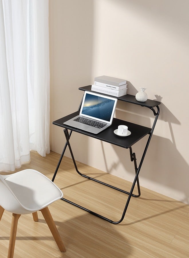 لوازم طاولة كمبيوتر قابلة للطي - أسود، 71.5×55×90.5 سم - مكتب موفر للمساحة بطبقتين مع رف علوي للتخزين - مكتب دراسة وكتابة للمكتب المنزلي والغرف الجامعية والمساحات الصغيرة - بدون حاجة للتركيب - Image 1