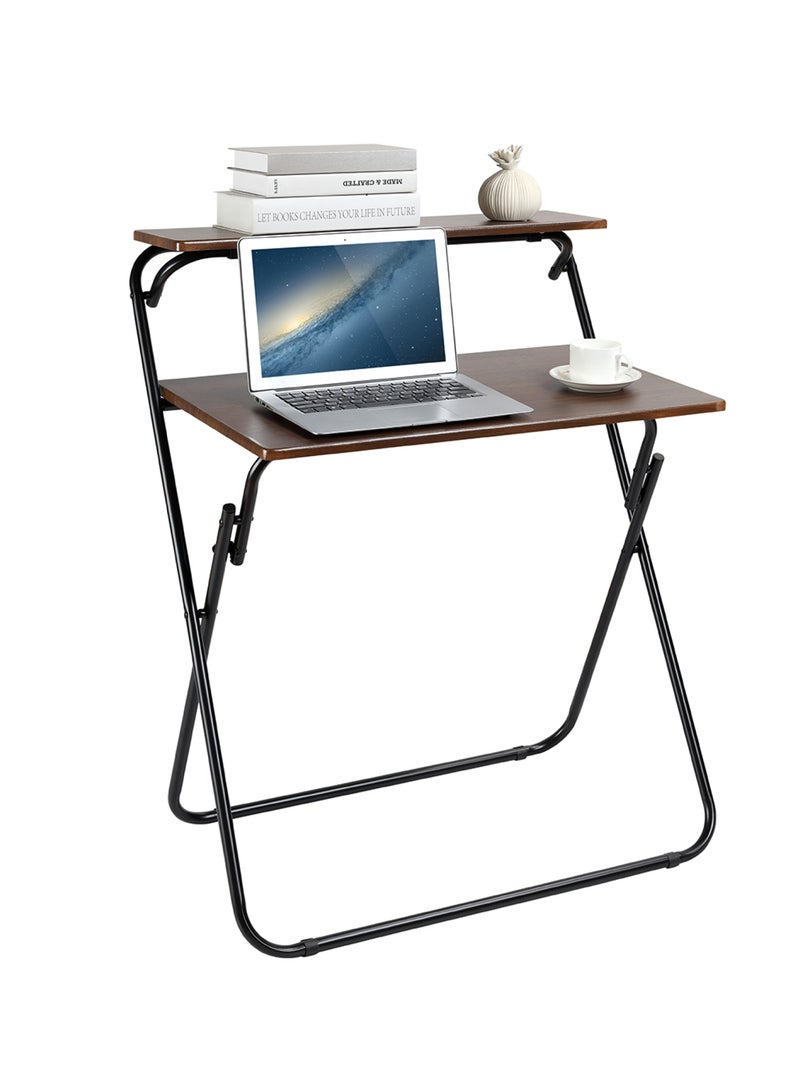 لوازم طاولة كمبيوتر قابلة للطي - أسود، 71.5×55×90.5 سم - مكتب موفر للمساحة بطبقتين مع رف علوي للتخزين - مكتب دراسة وكتابة للمكتب المنزلي والغرف الجامعية والمساحات الصغيرة - بدون حاجة للتركيب - Image 2