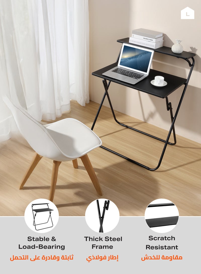 لوازم طاولة كمبيوتر قابلة للطي - أسود، 71.5×55×90.5 سم - مكتب موفر للمساحة بطبقتين مع رف علوي للتخزين - مكتب دراسة وكتابة للمكتب المنزلي والغرف الجامعية والمساحات الصغيرة - بدون حاجة للتركيب - Image 4