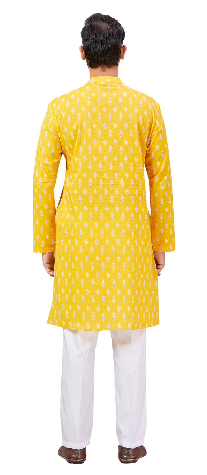 Studio Shringaar Men's Haldi Yellow Mustard 100% Cotton Block Printed Knee Length Regular Fit Kurta (MK180, Yellow, 2XL) - Image 2