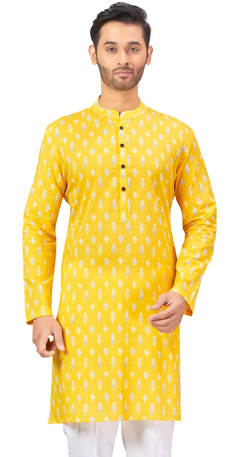 Studio Shringaar Men's Haldi Yellow Mustard 100% Cotton Block Printed Knee Length Regular Fit Kurta (MK180, Yellow, 2XL) - Image 1