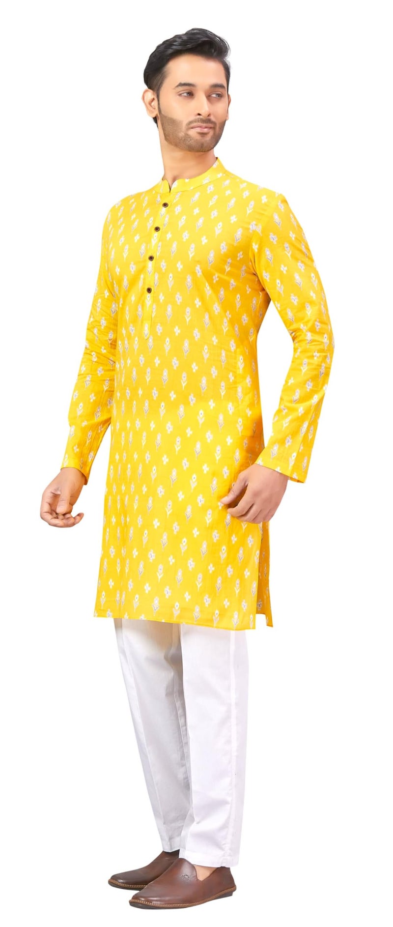 Studio Shringaar Men's Haldi Yellow Mustard 100% Cotton Block Printed Knee Length Regular Fit Kurta (MK180, Yellow, 2XL) - Image 3