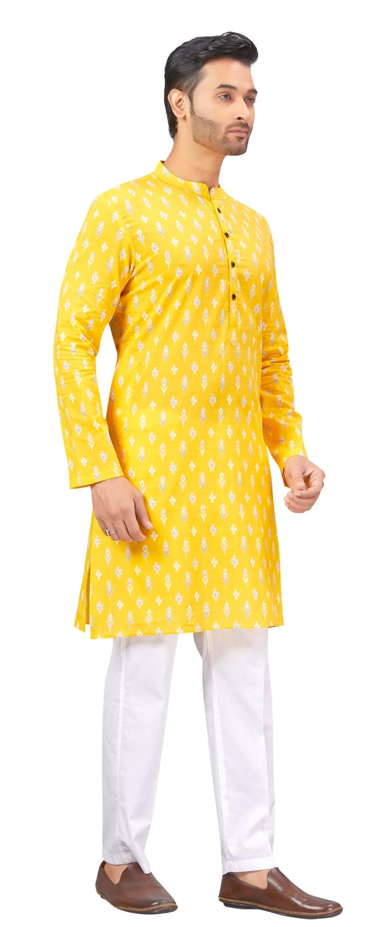 Studio Shringaar Men's Haldi Yellow Mustard 100% Cotton Block Printed Knee Length Regular Fit Kurta (MK180, Yellow, 2XL) - Image 5