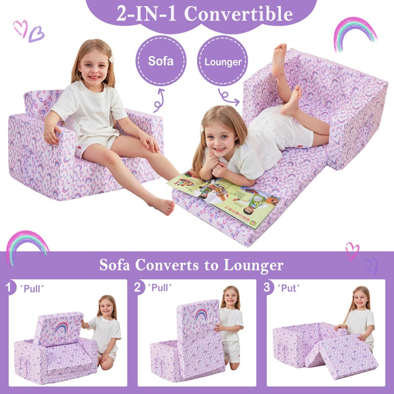 lasoftan Toddler Couch, 2-in-1 Soft Kids Couch Bed Fold Out, Toddler Chairs Comfy for Boys & Girls, Convertible Kids Sofa to Lounge for Playroom, Gift for Birthday, Children's Day - Purple Rainbow - Image 3