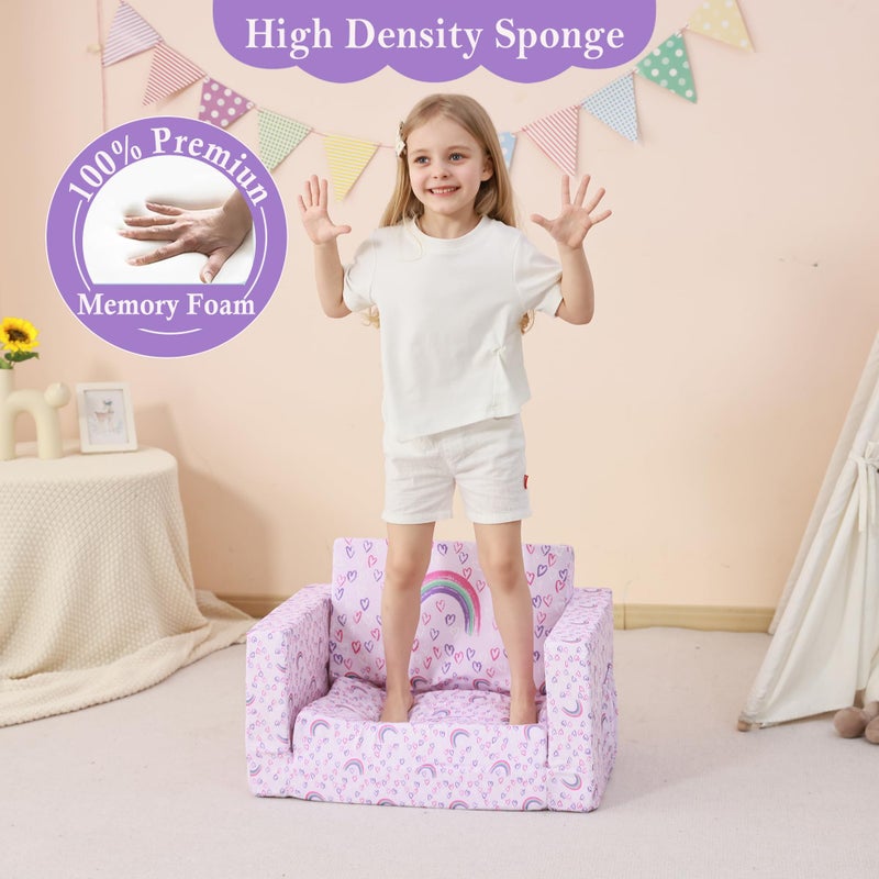 lasoftan Toddler Couch, 2-in-1 Soft Kids Couch Bed Fold Out, Toddler Chairs Comfy for Boys & Girls, Convertible Kids Sofa to Lounge for Playroom, Gift for Birthday, Children's Day - Purple Rainbow - Image 2