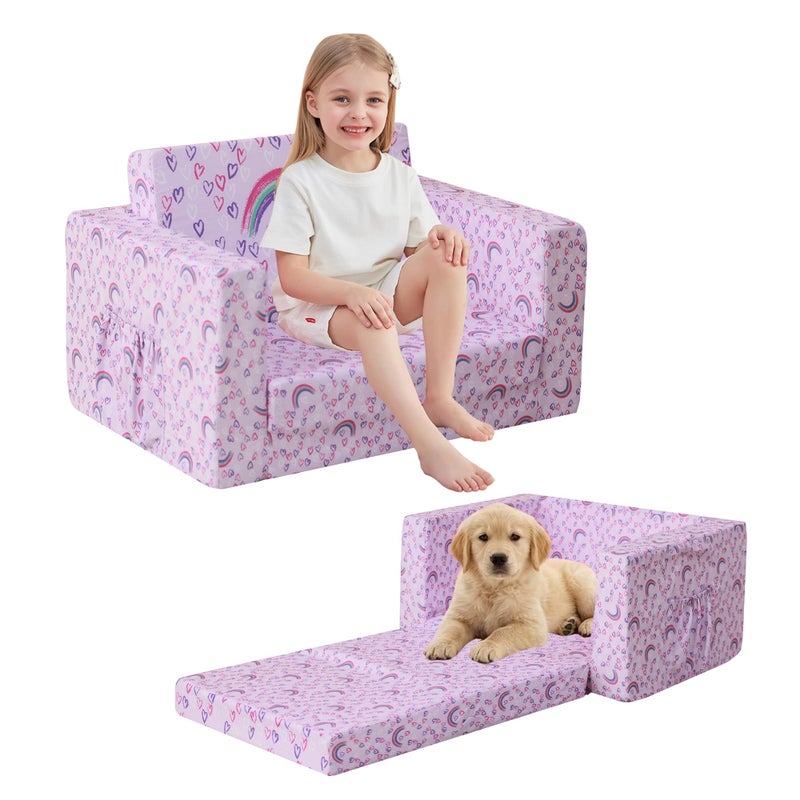 lasoftan Toddler Couch, 2-in-1 Soft Kids Couch Bed Fold Out, Toddler Chairs Comfy for Boys & Girls, Convertible Kids Sofa to Lounge for Playroom, Gift for Birthday, Children's Day - Purple Rainbow - Image 1