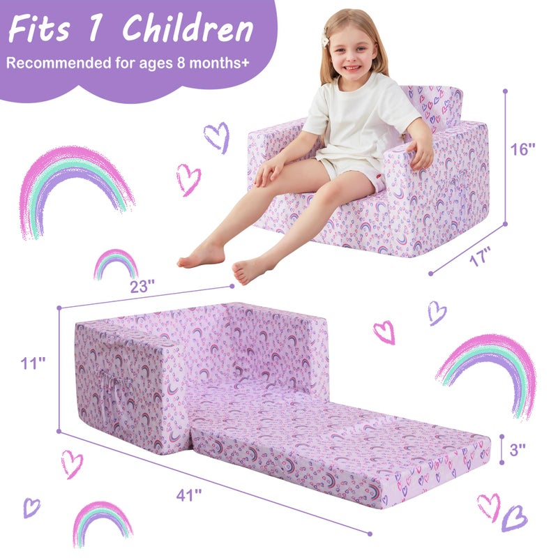lasoftan Toddler Couch, 2-in-1 Soft Kids Couch Bed Fold Out, Toddler Chairs Comfy for Boys & Girls, Convertible Kids Sofa to Lounge for Playroom, Gift for Birthday, Children's Day - Purple Rainbow - Image 5