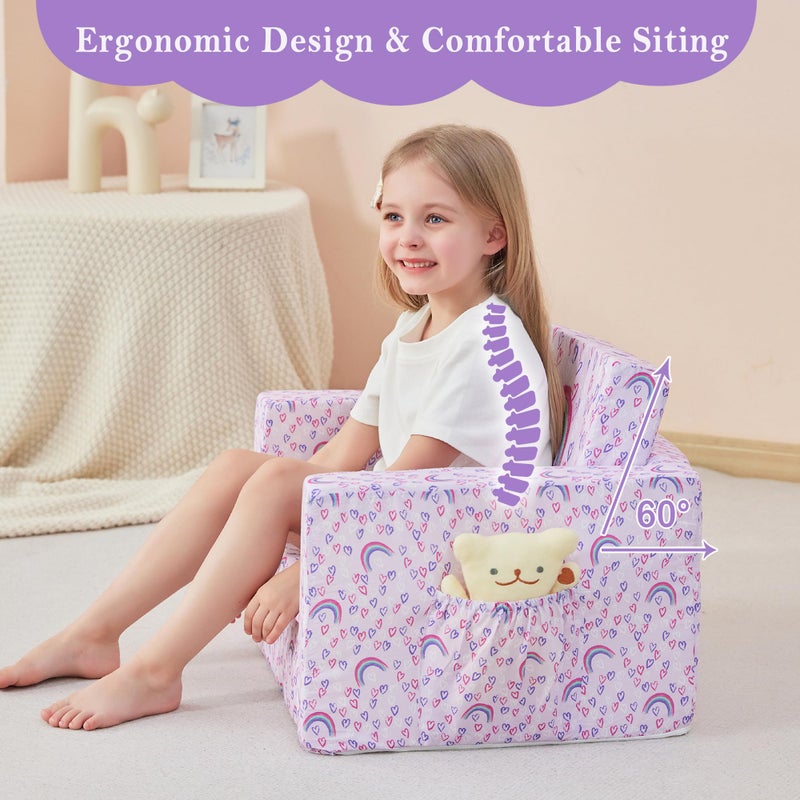 lasoftan Toddler Couch, 2-in-1 Soft Kids Couch Bed Fold Out, Toddler Chairs Comfy for Boys & Girls, Convertible Kids Sofa to Lounge for Playroom, Gift for Birthday, Children's Day - Purple Rainbow - Image 4