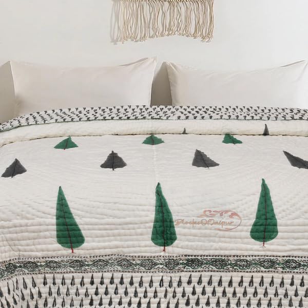 BLOCKS OF JAIPUR BLOCKS OF JAIPUR Original Pure Cotton Jaipuri Razai AllWeather Hand Block Green And Black Cypress Printed Reversible Lightweight AC Quilt Summer and Winter Breathable Bedding Double Bed 90X108 Inches  - Image 5