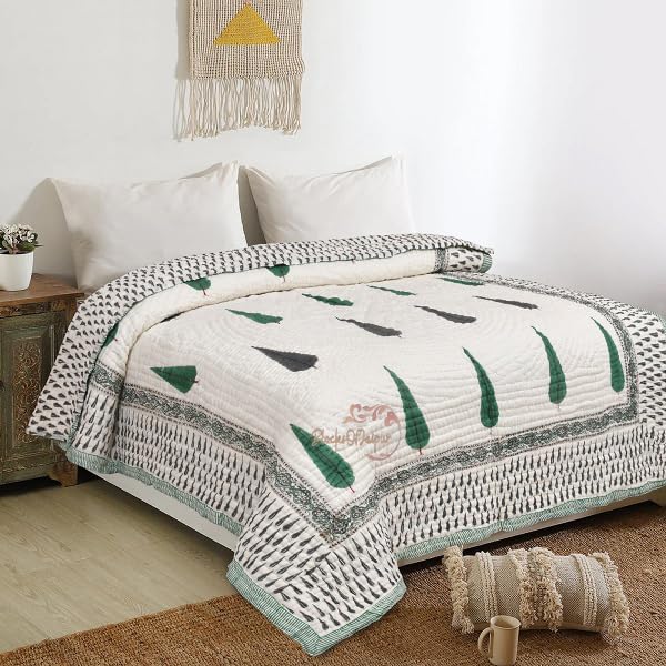 BLOCKS OF JAIPUR BLOCKS OF JAIPUR Original Pure Cotton Jaipuri Razai AllWeather Hand Block Green And Black Cypress Printed Reversible Lightweight AC Quilt Summer and Winter Breathable Bedding Double Bed 90X108 Inches  - Image 1