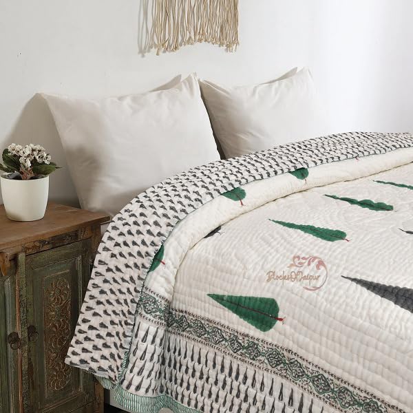 BLOCKS OF JAIPUR BLOCKS OF JAIPUR Original Pure Cotton Jaipuri Razai AllWeather Hand Block Green And Black Cypress Printed Reversible Lightweight AC Quilt Summer and Winter Breathable Bedding Double Bed 90X108 Inches  - Image 4