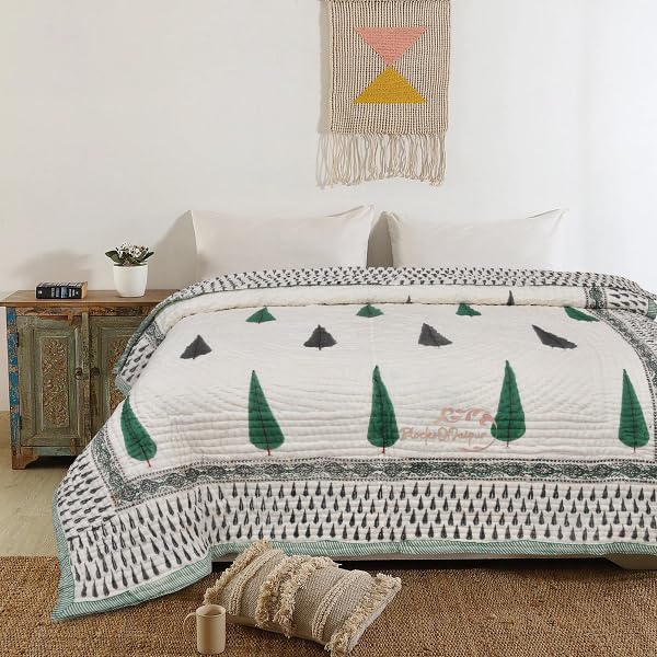 BLOCKS OF JAIPUR BLOCKS OF JAIPUR Original Pure Cotton Jaipuri Razai AllWeather Hand Block Green And Black Cypress Printed Reversible Lightweight AC Quilt Summer and Winter Breathable Bedding Double Bed 90X108 Inches  - Image 2