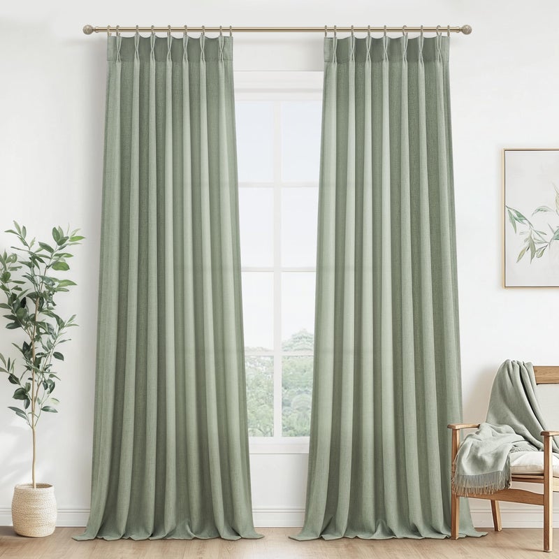 PleatedDrapes Sage Green Farmhouse Curtains for Living Room 96 Inches Long 2 Panels Set, Pinch Pleat Linen Sheer Curtain Light Filtering Privacy for 96 Inch Length Large Window Drape(Hooks & Back Tab) - Image 1