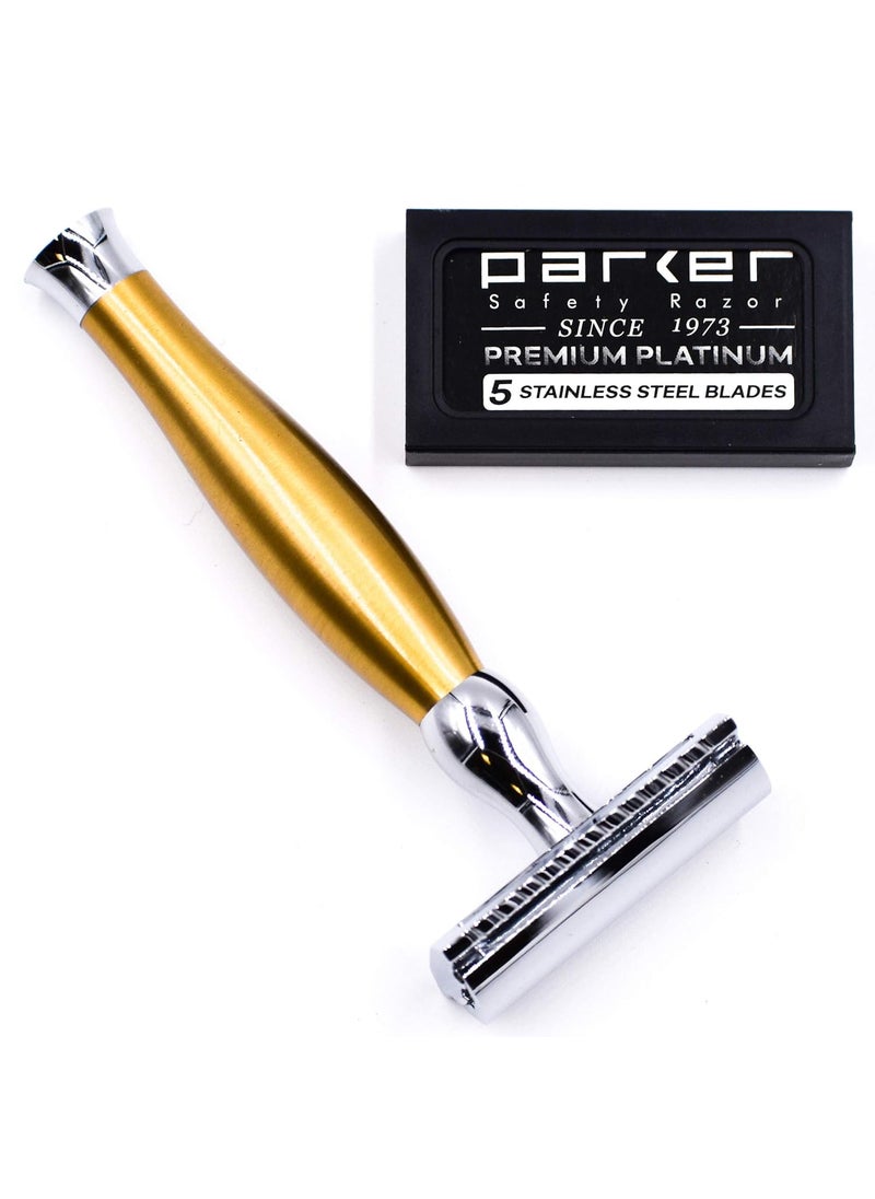 Parker Safety Razor Parker 48R Heavyweight 3Piece Double Edge Razor  Matte Gold Finish with 5 Premium Platinum Double Edge Razor Blades  Delivers a Barber Shop Quality Shave 