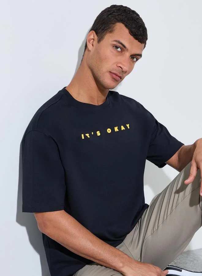 Black HD Slogan Print Crew Neck Oversized T-Shirt