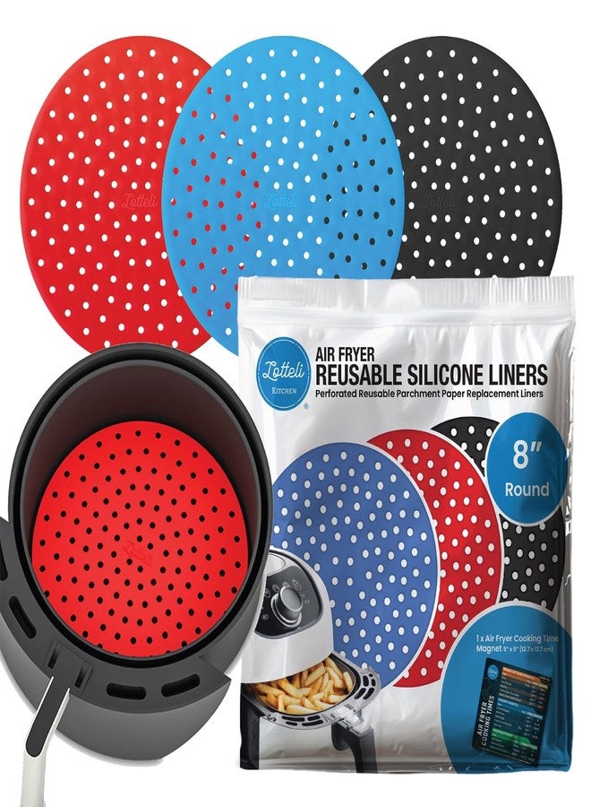 Lotteli Kitchen Reusable Silicone Air Fryer Liners 3 Pack with Air Fryer Magnetic Cheat Sheet, Easy Clean Air Fryer Accessories, Non Stick, AirFryer Accessory Parchment Paper Replacement - 8" Round - Image 1