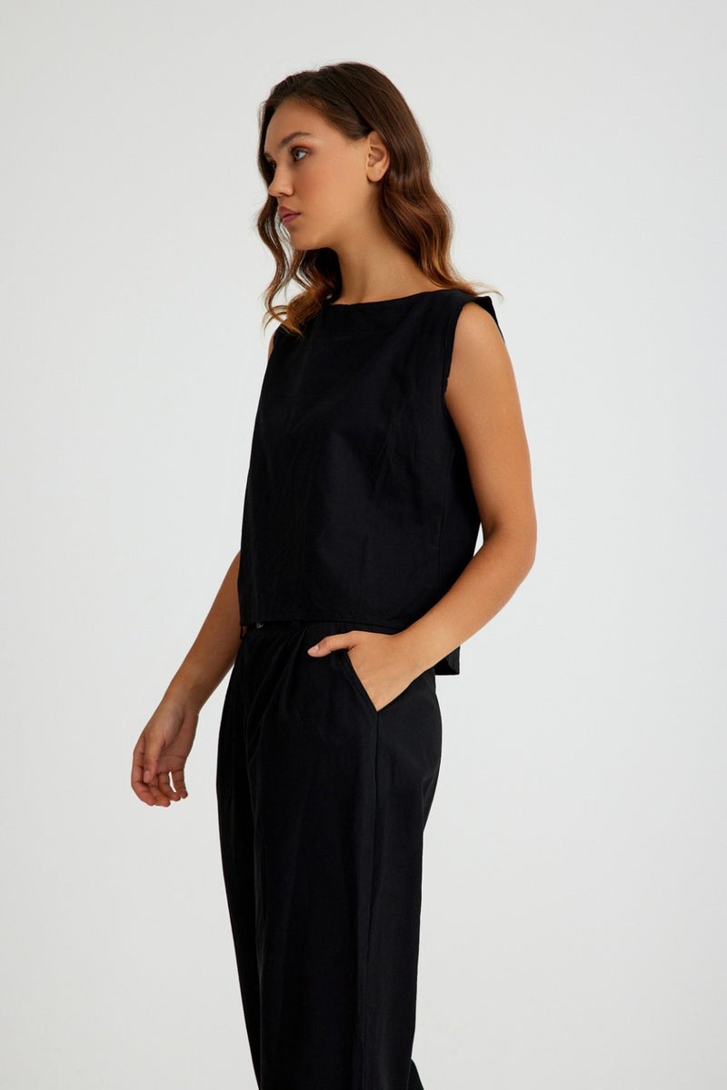 Barbora Linen Casual Sleeveless Top and Bottom Women's Set LN08BLACK4  - Image 2
