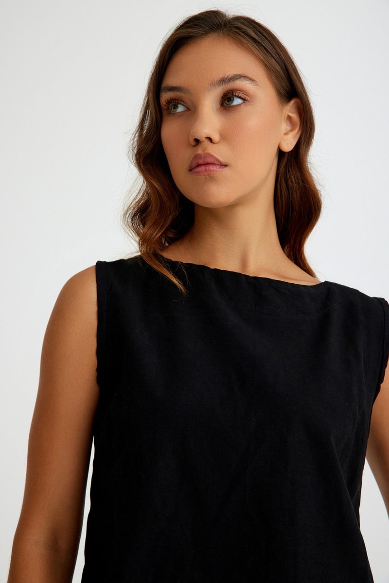 Barbora Linen Casual Sleeveless Top and Bottom Women's Set LN08BLACK4  - Image 3
