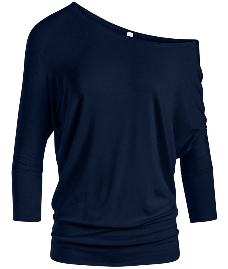 Simlu Womens Jersey Off the Shoulder Sweater Top Round Scoop Neck,Navy,Medium - Image 1