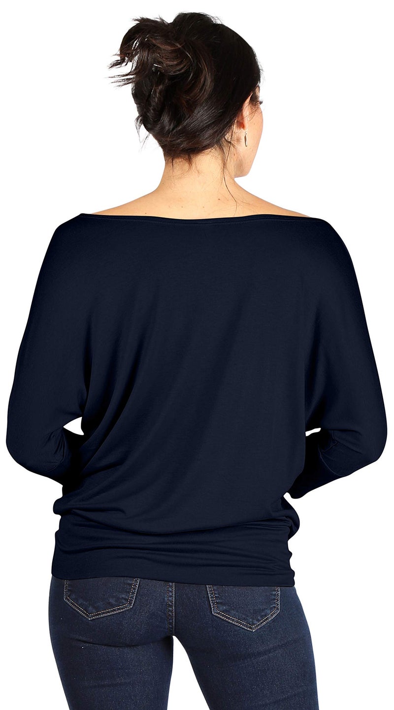 Simlu Womens Jersey Off the Shoulder Sweater Top Round Scoop Neck,Navy,Medium - Image 3