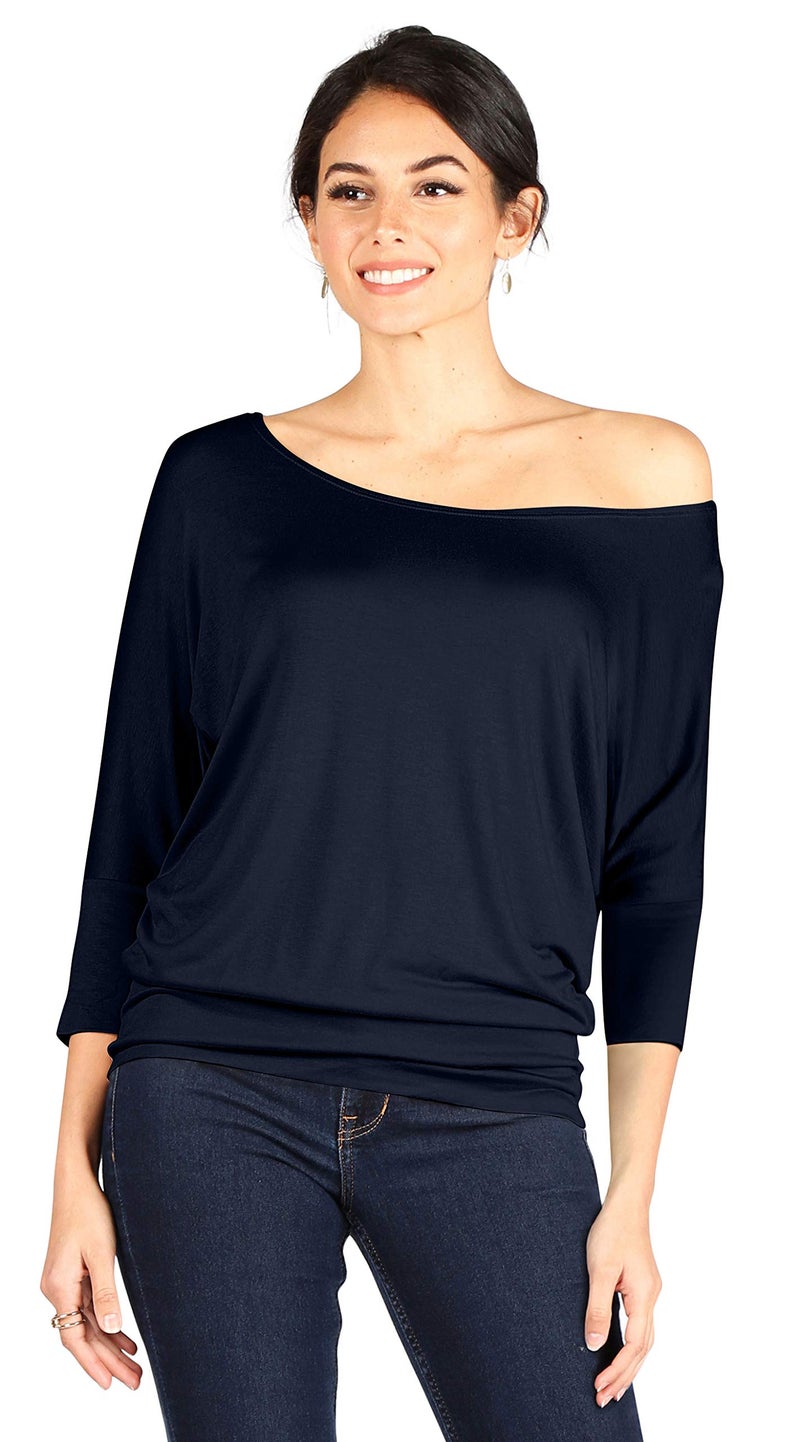 Simlu Womens Jersey Off the Shoulder Sweater Top Round Scoop Neck,Navy,Medium - Image 2