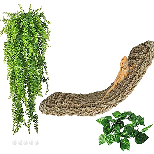 kathson Bearded Dragon HammockLarge Lizard LoungerReptile Tank Hanging Plants Climbing Jungle Vines Flexible Leaves Decorations for Lizards Chameleon Gecko Snakes3 PCS - Image 1