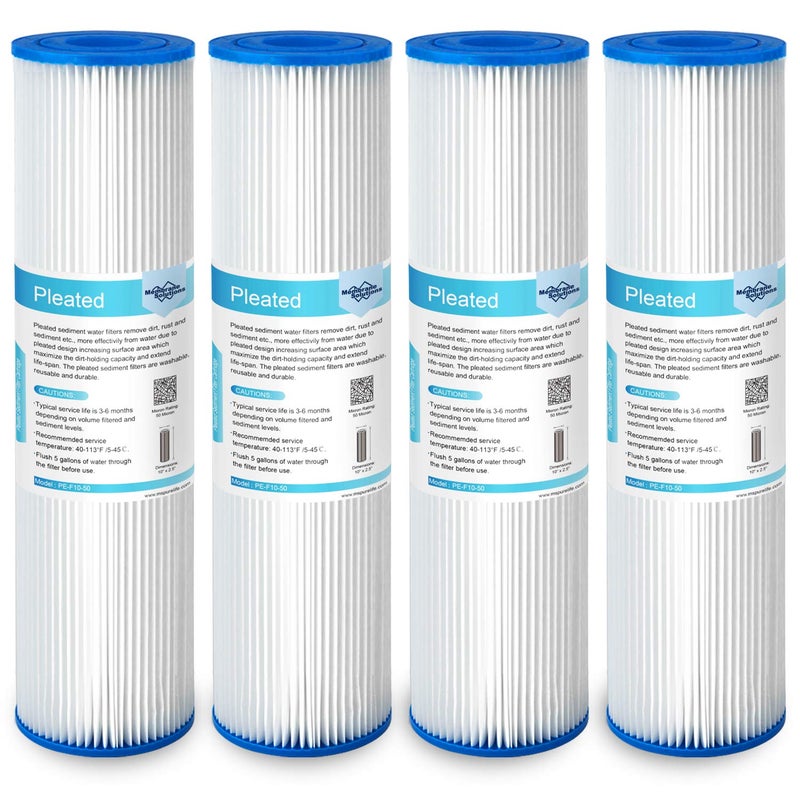 Membrane Solutions 50 Micron Pleated Polyester Sediment Water Filter 10x25 Replacement Cartridge Universal Whole House PreFilter Compatible with W50PE WFPFC3002 SPC251050 FM50975  4 Pack