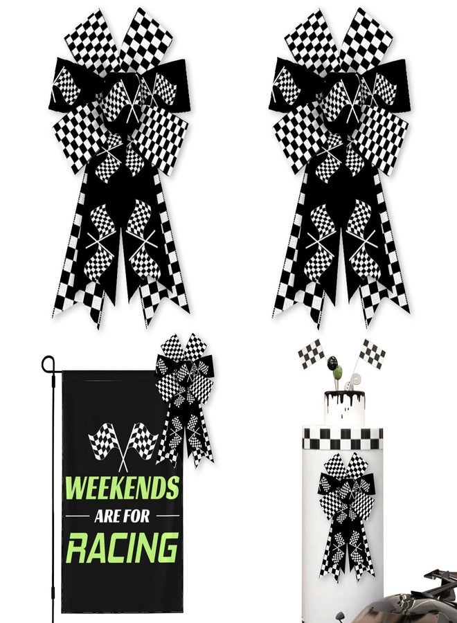 ALIBBON 2 Pcs Racing Checkered Flag Bows for Wreaths, Black White Wreath Bows, Sports Bows for Front Door, Race Party Decor, Race Car Burlap Bows for Sports Wreath Indoor Outdoor Decoration - Image 1