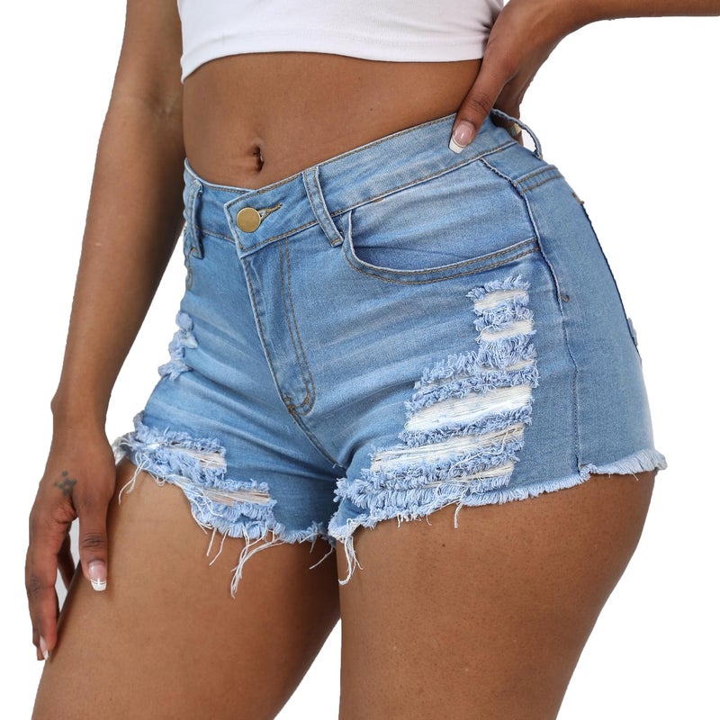 Weigou Women Jean Short Ripped Hot Shorts Comfy Stretchy Women Fringed Denim Shorts (Light Blue(1), M, m) - Image 2