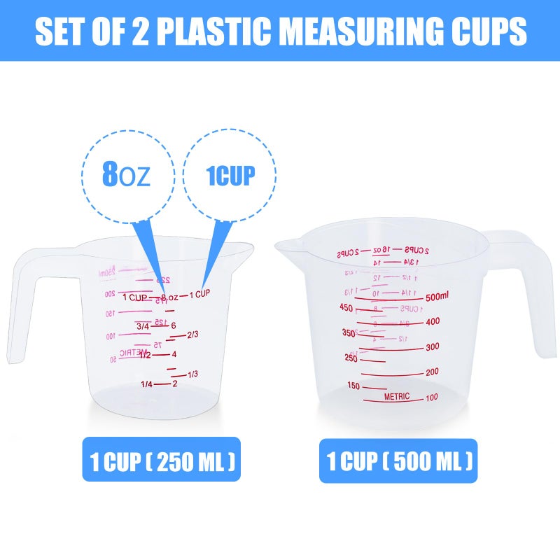 DTDNZKN 2 Pack Measuring Cup Set, Includes 250Ml (1-Cup), and 500Ml (2-Cup) Plastic Liquid Measuring Cups- Baking, Cooking, Mixing & Measuring Cups, Essential Kitchen Tools - Image 2