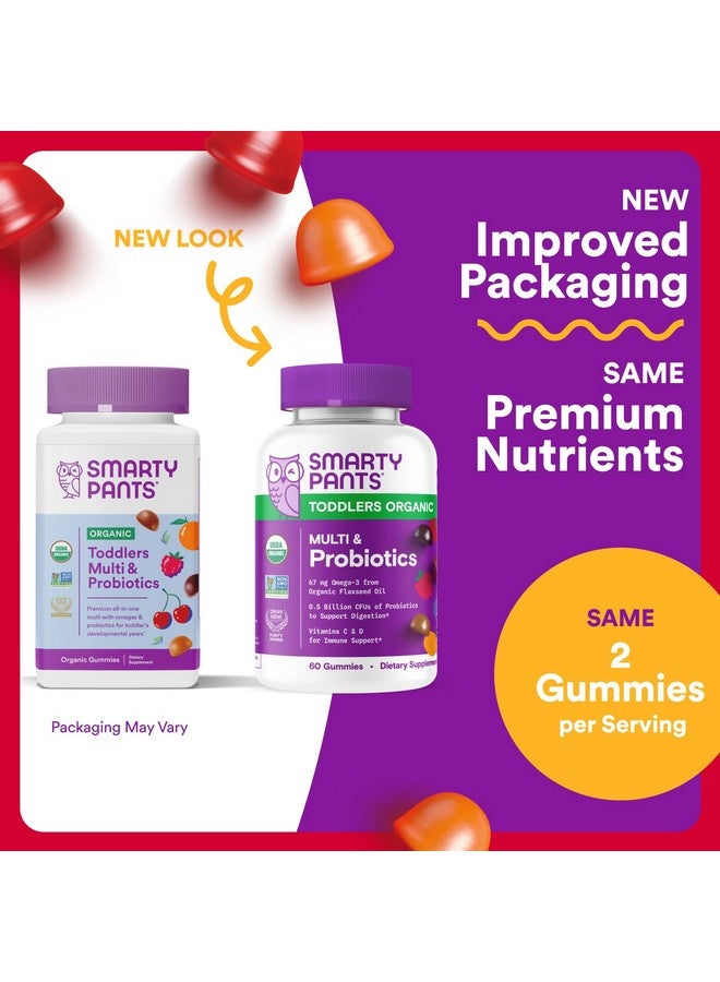 SmartyPants Organic Toddler Multivitamin Gummies: Probiotics, Omega 3 (ALA), Vitamin D3, C, Vitamin B12, B6, A, K & Zinc, Beta Carotene, Gluten Free, Three Fruit Flavors, 60 Count (30 Day Supply) - Image 1