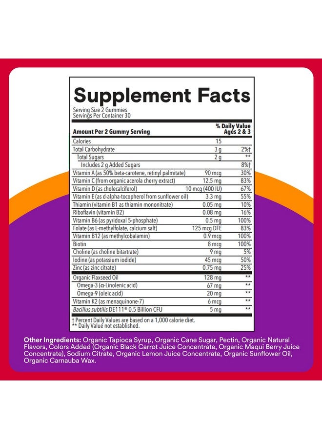 SmartyPants Organic Toddler Multivitamin Gummies: Probiotics, Omega 3 (ALA), Vitamin D3, C, Vitamin B12, B6, A, K & Zinc, Beta Carotene, Gluten Free, Three Fruit Flavors, 60 Count (30 Day Supply) - Image 2