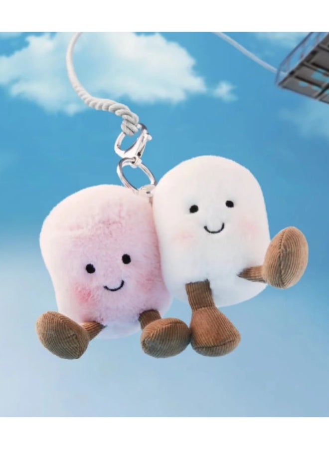 Amuseables Pair of Marshmallows Bag Charm – Cute Pink & White Plush Keychain for Bags, Backpacks, Keys – Soft Marshmallow Duo Accessory with Satin Ribbon & Metal Clasp - Image 2