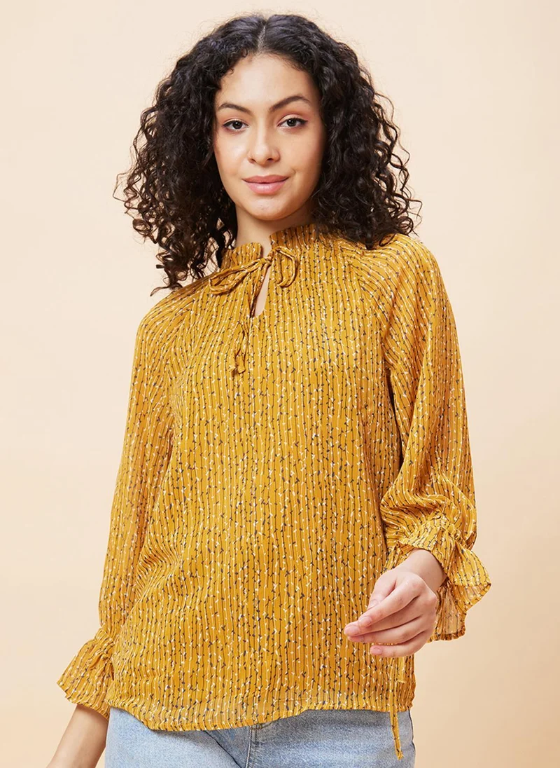 globus Globus Women Yellow Vertical Striped Tie-Up Neck Cuffed Sleeves Gathered Regular Top