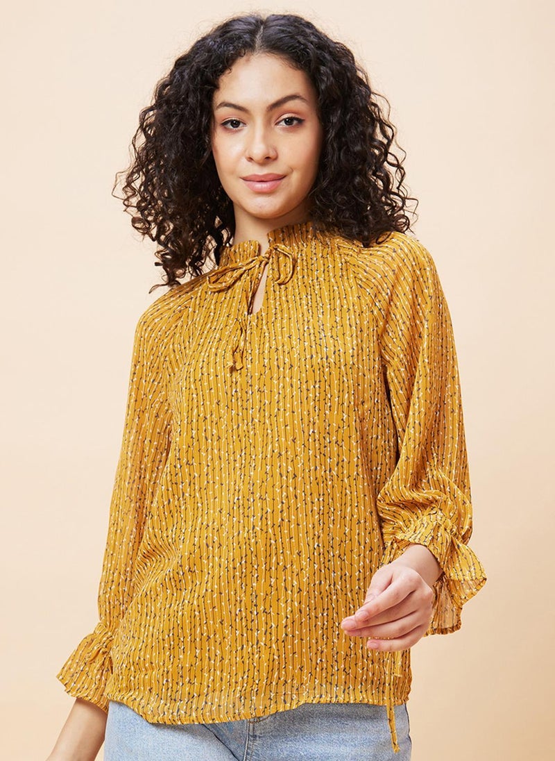 Globus Women's Top Yellow Casual with Tie Up Neck and Striped Design - Image 1