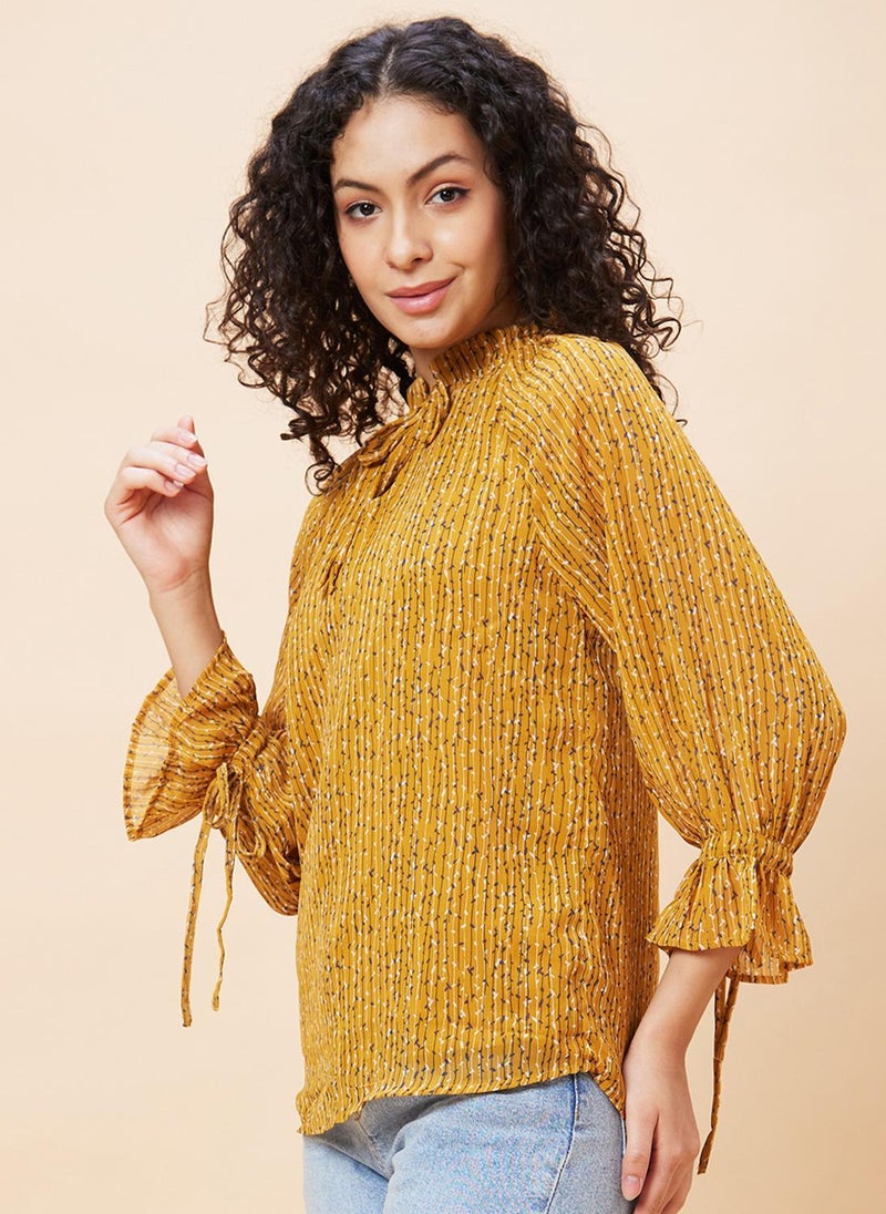 Globus Women's Top Yellow Casual with Tie Up Neck and Striped Design - Image 4