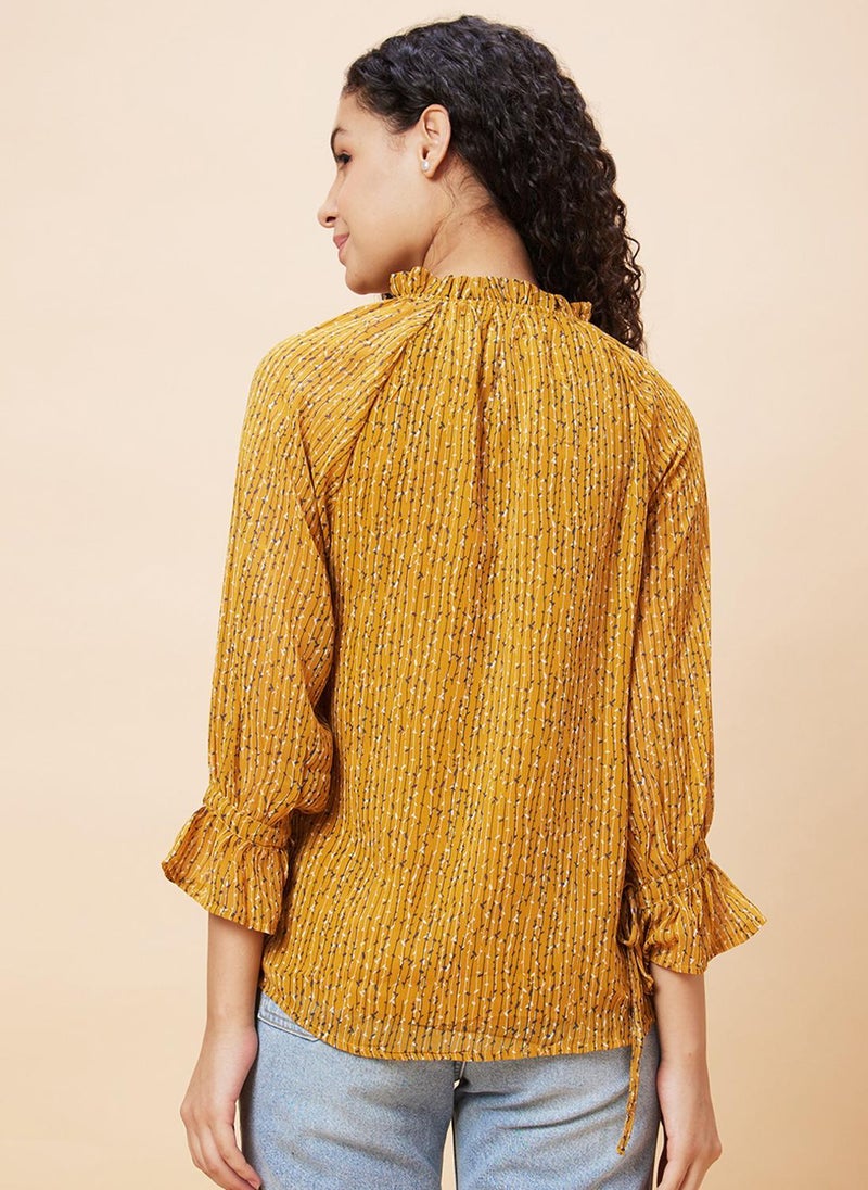 Globus Women's Top Yellow Casual with Tie Up Neck and Striped Design - Image 5