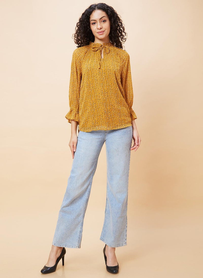 Globus Women's Top Yellow Casual with Tie Up Neck and Striped Design - Image 3