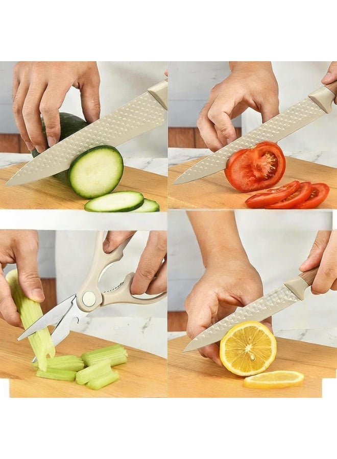 6-Pieces Kitchen Knife Set,   Khaki Sharp Knife Block Sets for Kitchen, Non-stick Non-slip Stainless Steel Chef knives with Universal Block Suitable for Home Restaurant (Khaki) - Image 5
