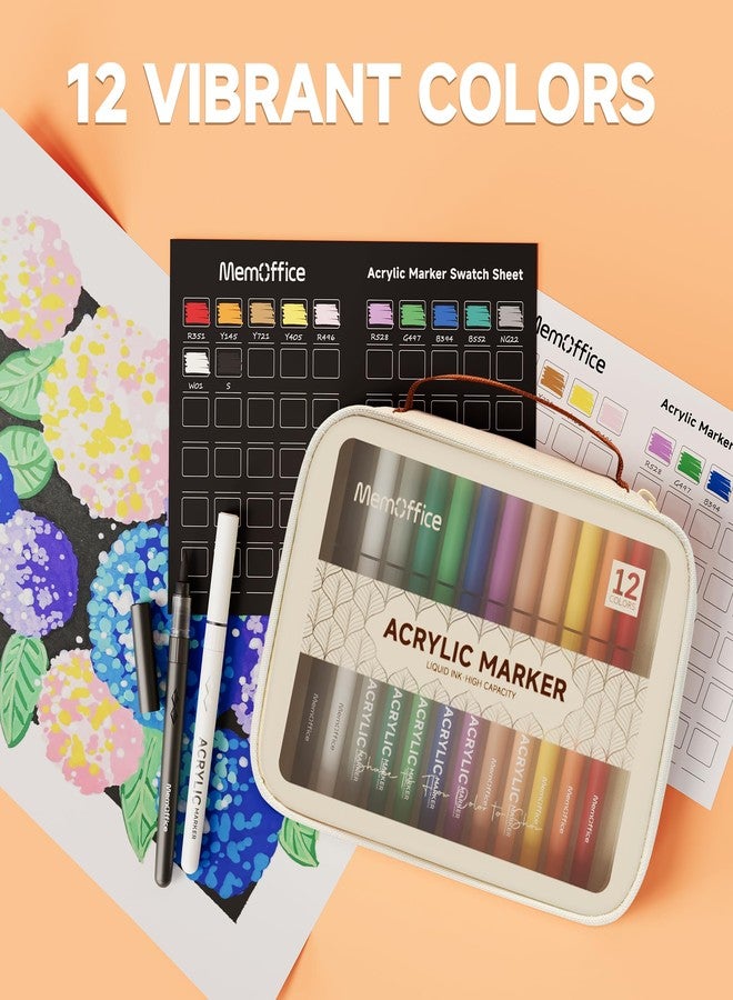 ميم أوفيس أقلام تلوين أكريليك سائلة من ميم أوفيس دايركت، ١٢ لونًا، أقلام برأس فرشاة مع حقيبة حمل، لا تسرب، مقاومة للماء، مناسبة للصخور والخشب والقماش والزجاج والأقمشة، مثالية للأعمال اليدوية للكبار والصغار - Image 5