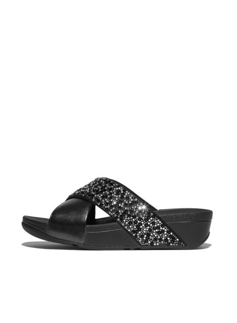 049-838 Fitflop Ladies Lulu Crystal-Mix Metallic Cross Slides JE2-090 Black