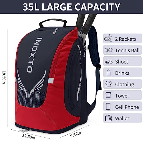 INOXTO 40L Large Tennis Backpack for Women and Men - Waterproof and Breathable Pickleball Bag With Independent Shoe Storage for Badminton Travel Camping (Dark Blue with Red) - Image 2