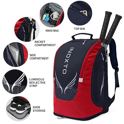 INOXTO 40L Large Tennis Backpack for Women and Men - Waterproof and Breathable Pickleball Bag With Independent Shoe Storage for Badminton Travel Camping (Dark Blue with Red) - Image 3