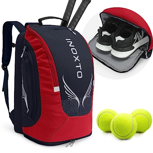 INOXTO 40L Large Tennis Backpack for Women and Men - Waterproof and Breathable Pickleball Bag With Independent Shoe Storage for Badminton Travel Camping (Dark Blue with Red) - Image 1