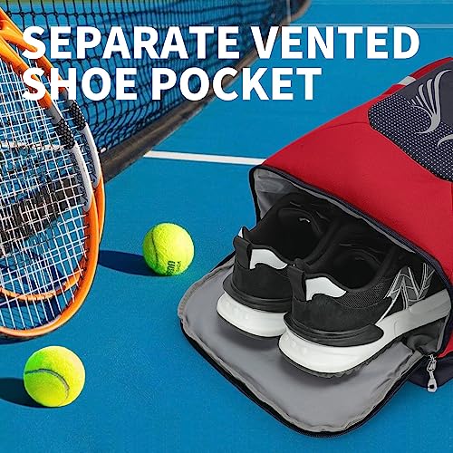 INOXTO 40L Large Tennis Backpack for Women and Men - Waterproof and Breathable Pickleball Bag With Independent Shoe Storage for Badminton Travel Camping (Dark Blue with Red) - Image 5