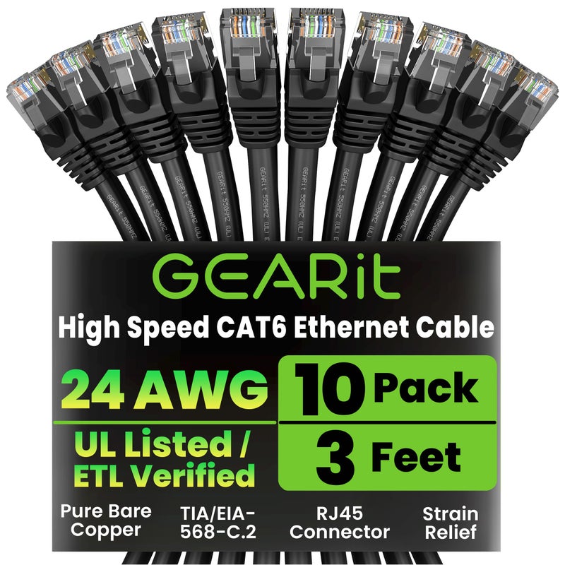 GEARit Cat 6 Ethernet Cable Pack - 10-Pack 3 ft Cat6 Ethernet Patch Cables | RJ45 Network Patch Cable, 10 Gbps Snagless Gold-Plated Connectors - Ethernet Cable Cat 6 for PC, TV, Router - Black - Image 1