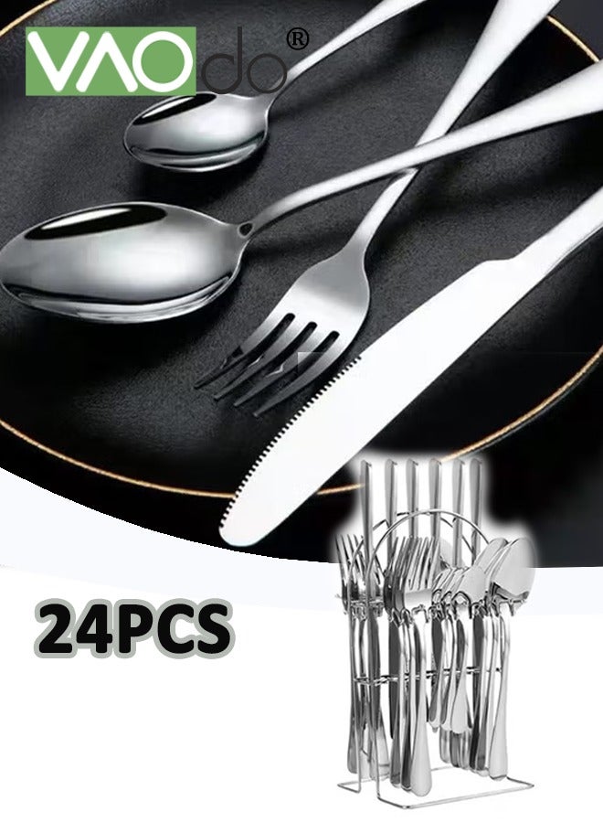 فاو دو 24PCS أدوات الفولاذ المقاوم للصدأ ، مجموعة أدوات الطعام المصقولة المرآة ، سكاكين ملعقات شوك ملعقات شاي مجموعة أدوات الطاولة الفضة - Image 1