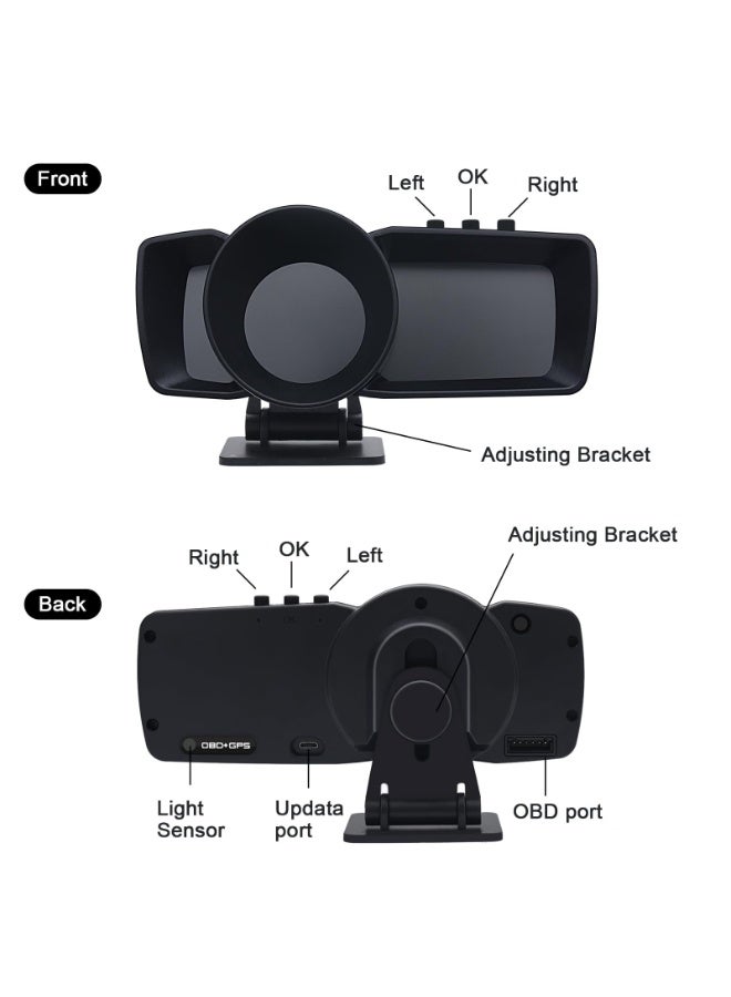 والالا شاشة عرض أمامية للسيارة مزودة بنظام OBD2 + GPS ثنائي السرعة الرقمي مع 3 شاشات LCD وكمبيوتر لوحة القيادة متعدد الوظائف A600، وضع OBD فقط للسيارات من عام 2012 وما بعده، وضع GPS لجميع السيارات - Image 4