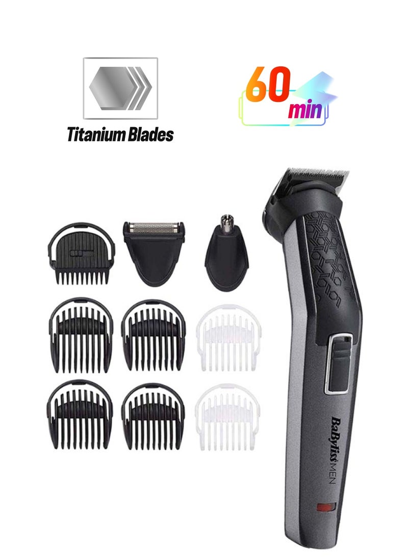 BaByliss Carbon Titanium 10-in-1 Multi Trimmer For Men | 200 grams Lightweight Design | High Power 60 Minutes Cordless Use | Attachments For Multiple Body Hair Trim & Washable Heads | MT727SDE Grey/Black - Image 1