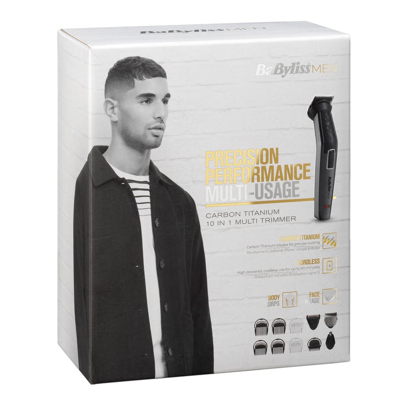 BaByliss Carbon Titanium 10-in-1 Multi Trimmer For Men | 200 grams Lightweight Design | High Power 60 Minutes Cordless Use | Attachments For Multiple Body Hair Trim & Washable Heads | MT727SDE Grey/Black - Image 5